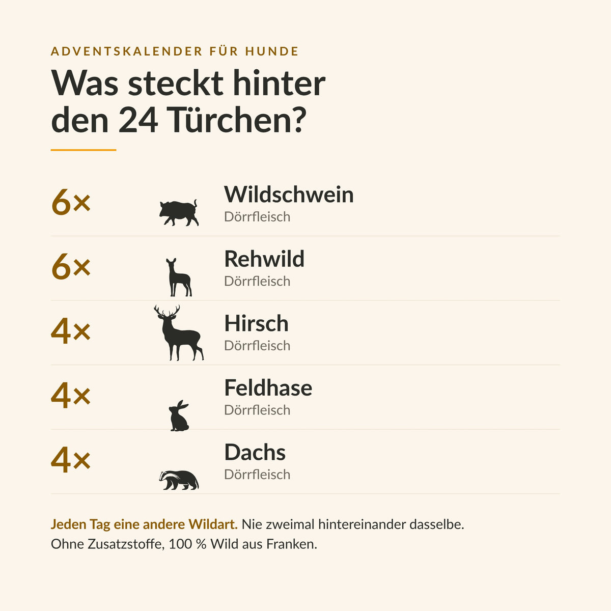 Inhalt: Wildschwein, Rehwild, Hirsch, Feldhase und Dachs